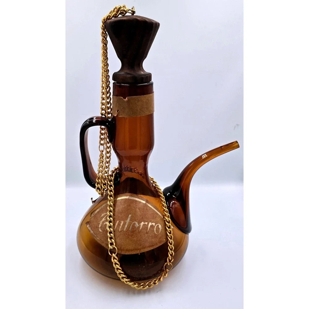 Vintage Tintorro Amber Glass Porron Decanter with Wood Stopper and Chain Handle